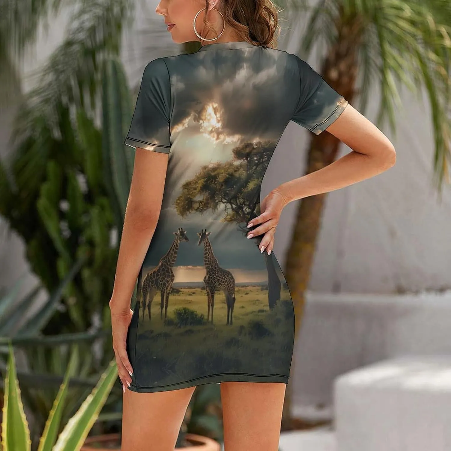 Grassland Giraffes Women's Midi Dress Slim Short Sleeve Dress T Shirt Dresses Round Neck Tank Dress