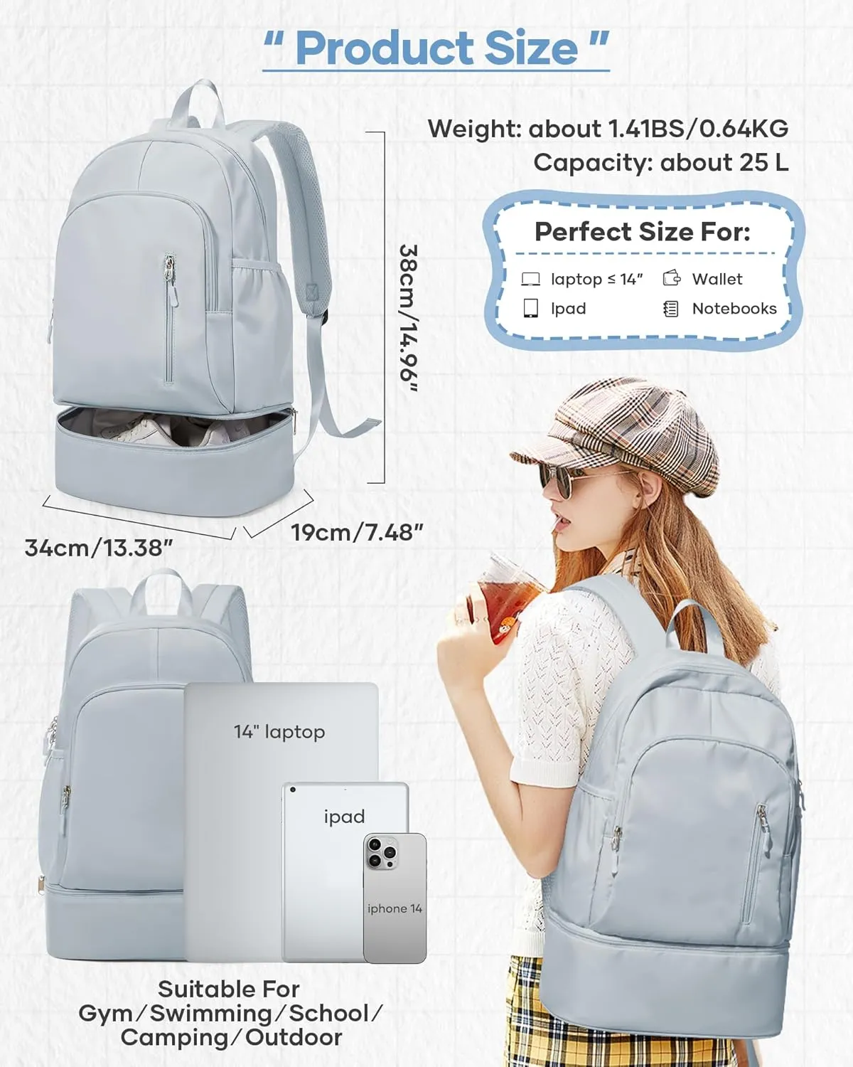 Gym Backpack for Women Foldable Outdoor Weekender Gym Bag with Shoe Compartment & Wet Pocket, Waterproof Sports Backpack, Dance Back Pack & Yoga Track Bag-Blue