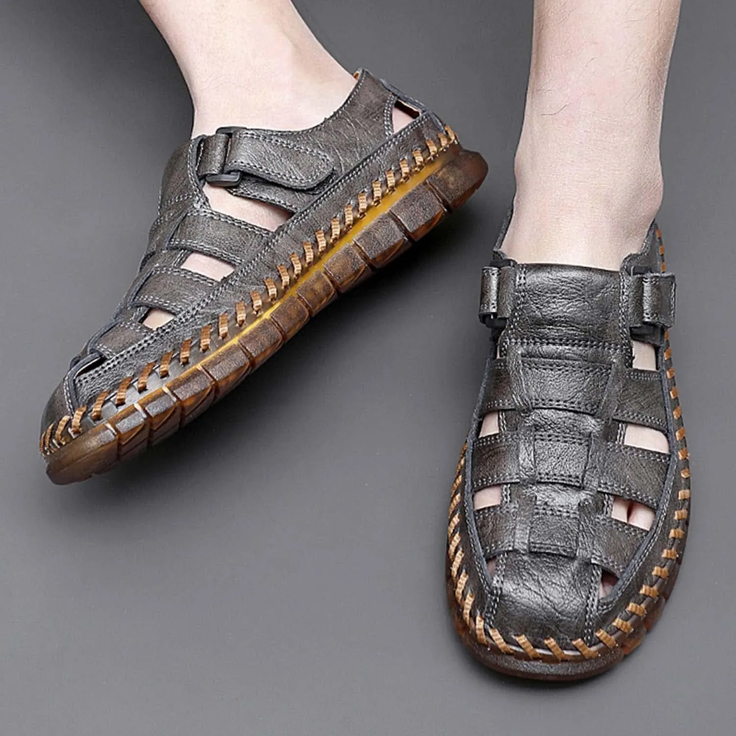 HESBITEUL Men's Sport Sandals Outdoor Hiking Sandals Closed Toe Leather Athletic Lightweight Trail Walking Casual Sandals Water Arch Support & Non-slipping Outsole