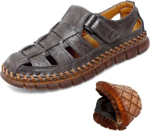 HESBITEUL Men's Sport Sandals Outdoor Hiking Sandals Closed Toe Leather Athletic Lightweight Trail Walking Casual Sandals Water Arch Support & Non-slipping Outsole