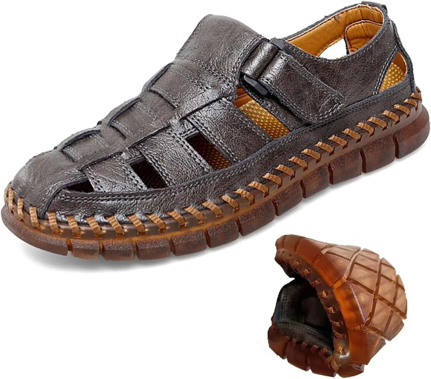 HESBITEUL Men's Sport Sandals Outdoor Hiking Sandals Closed Toe Leather Athletic Lightweight Trail Walking Casual Sandals Water Arch Support & Non-slipping Outsole