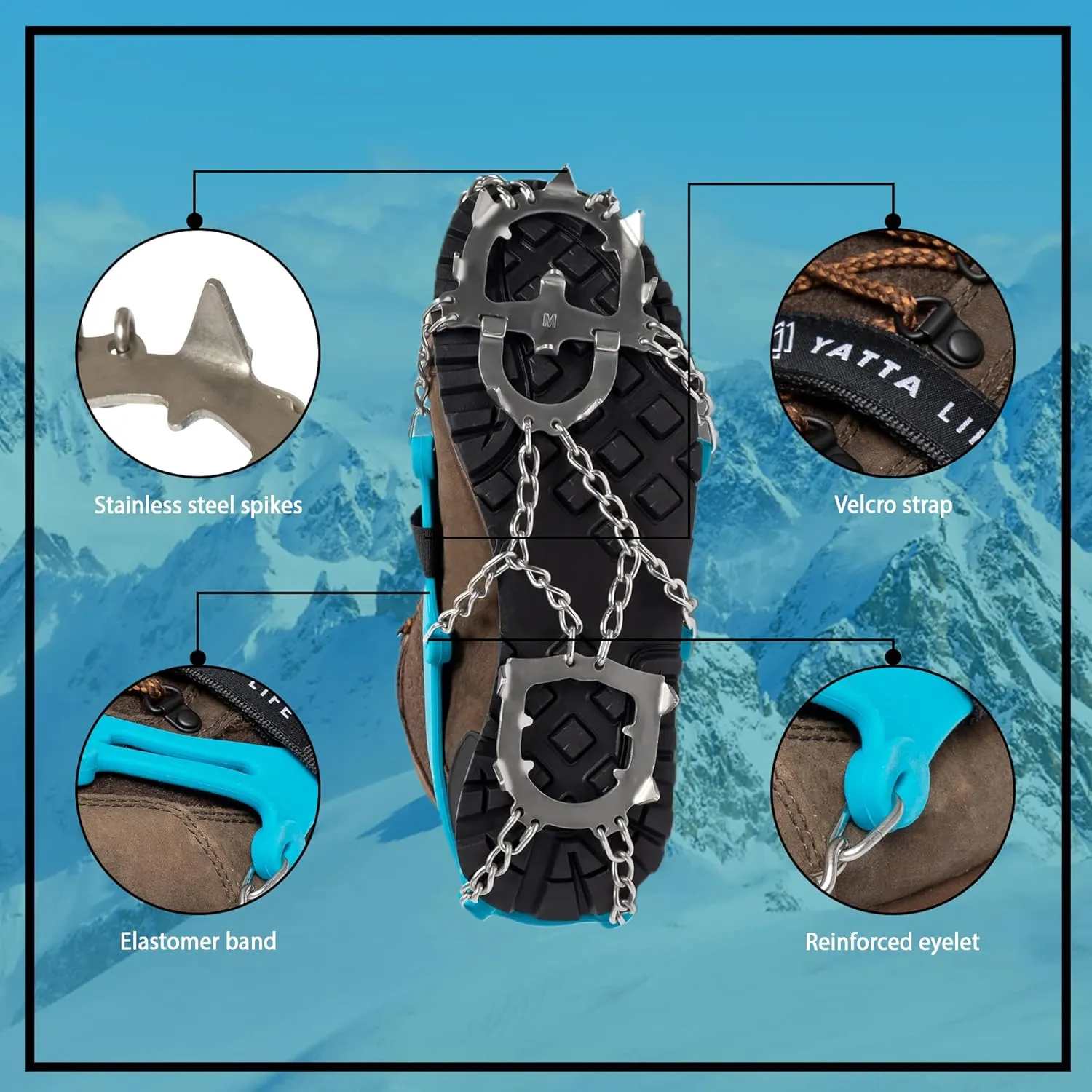 Hiking Spikes for Boots - Anti-Slip Stainless Steel Crampons Ice Cleats Snow Spikes for Shoes Climbing, Hiking, Running, Mount with Men and Women