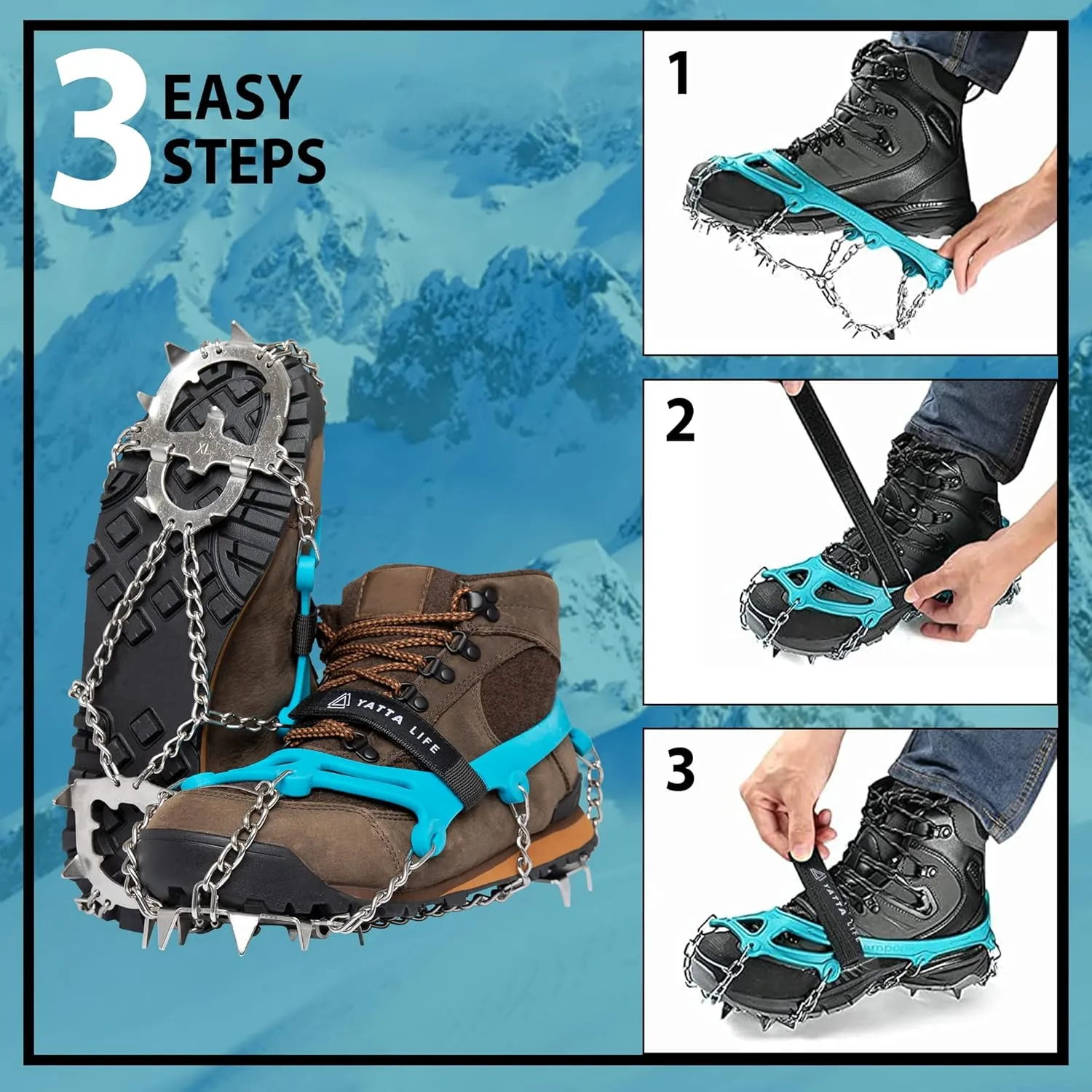 Hiking Spikes for Boots - Anti-Slip Stainless Steel Crampons Ice Cleats Snow Spikes for Shoes Climbing, Hiking, Running, Mount with Men and Women