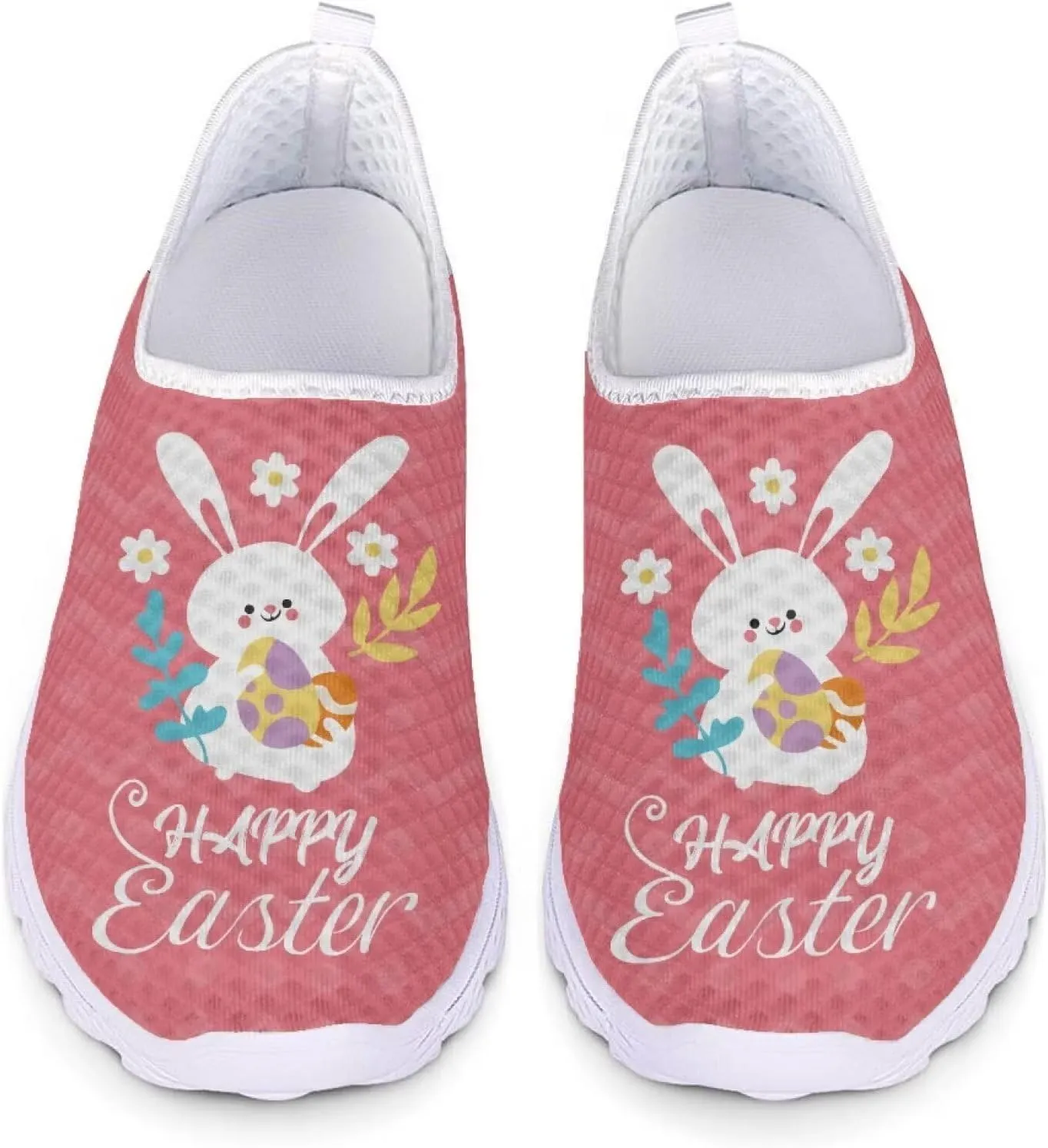 HUIACONG Happy Easter Womens Slip On Sneaker Easter Rabbit Egg Running Shoes for Teen Girls Casual Walking Trainers Size 12.5 Breathable Lightweight Tennis Shoes Footwear Pink