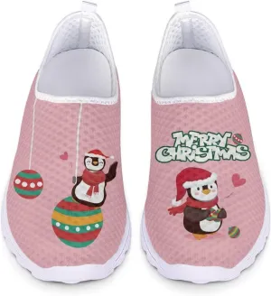 HUIACONG Merry Christmas Penguin Shoes for Women Teen Girls Sneakers Lightweight Workout Gym Tennis Trainers Slip On Walking Running Shoes for Holiday Party, 8 Size