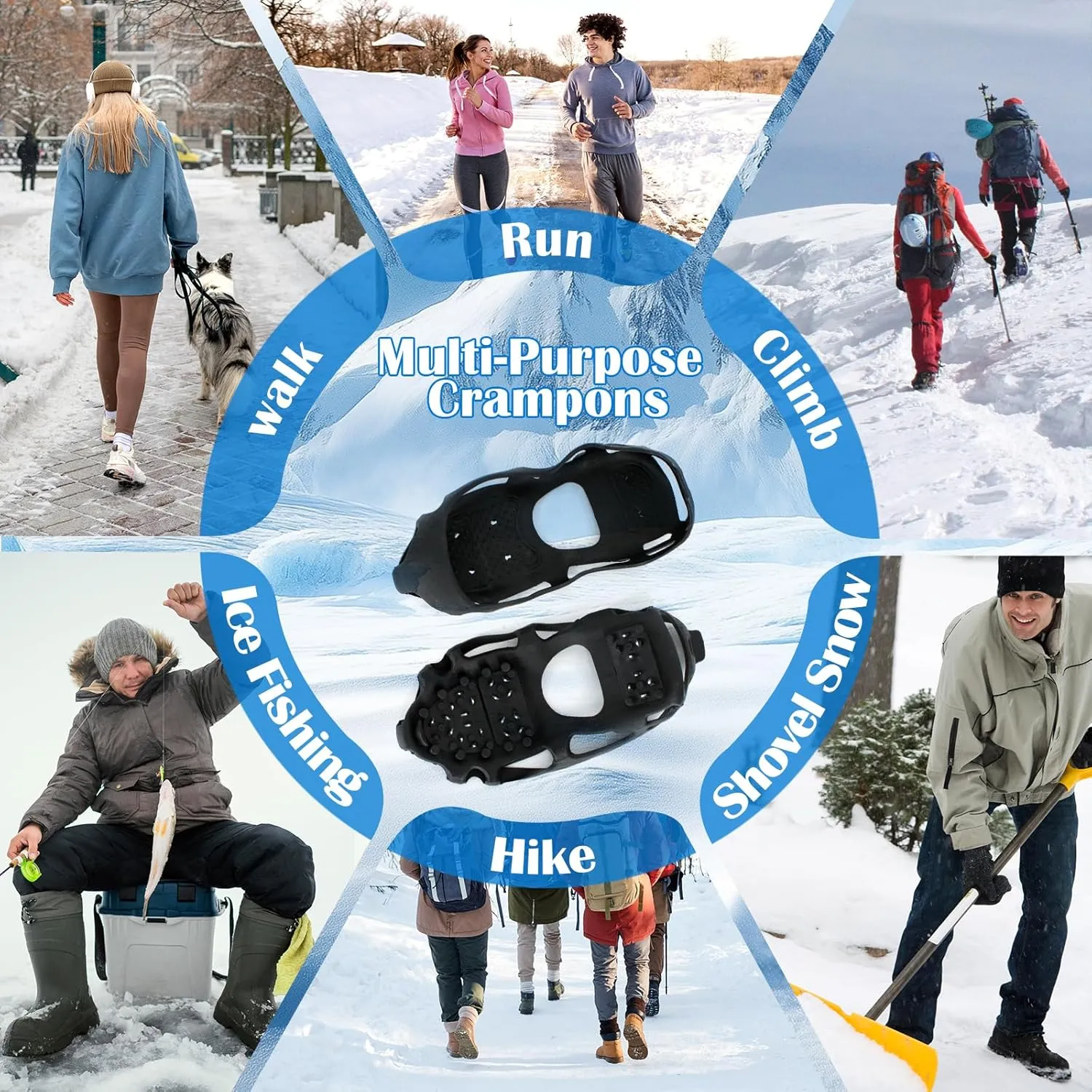 Ice Snow Traction Cleats Crampons, 28 Teeth Snow Spikes for Shoes and Boots, Rubber Anti Slip Ice Snow Grippers, Ice Cleats for Walking On Snow and Ice, Hiking, Climbing
