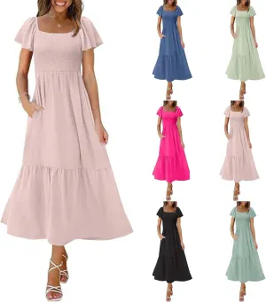JOAU Women's 2025 Summer Boho Smocked Maxi Dress Short Flutter Sleeve Flowy A Line Tiered Ruffle Beach Vacation Long Dresses