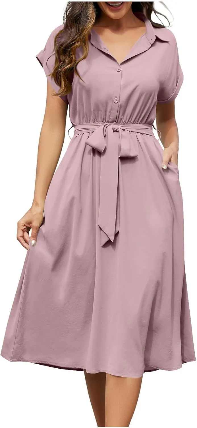 JOAU Womens Summer Beach 2025 Casual Midi Dresses V Neck Collared Short Sleeve Button Down Shirt Belted Dress with Pockets