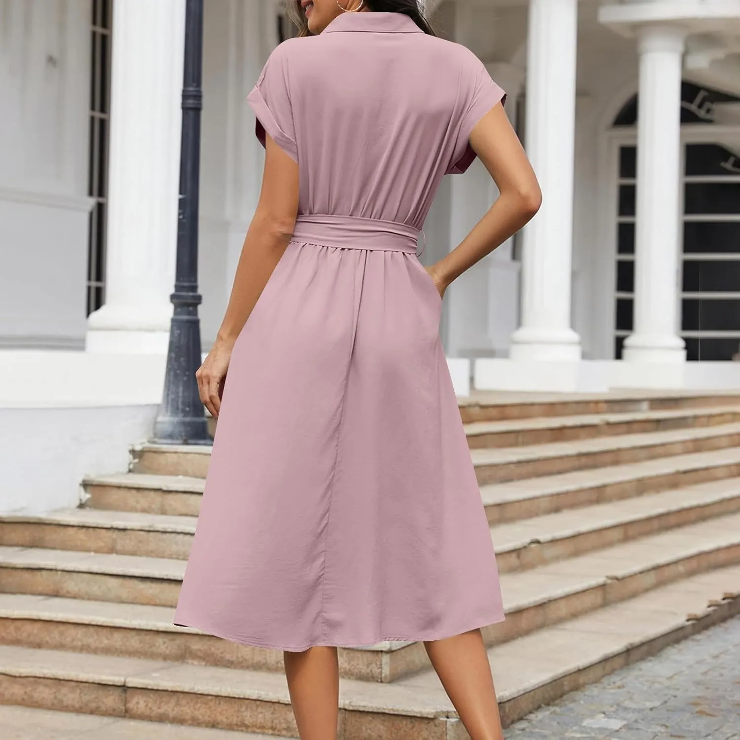 JOAU Womens Summer Beach 2025 Casual Midi Dresses V Neck Collared Short Sleeve Button Down Shirt Belted Dress with Pockets