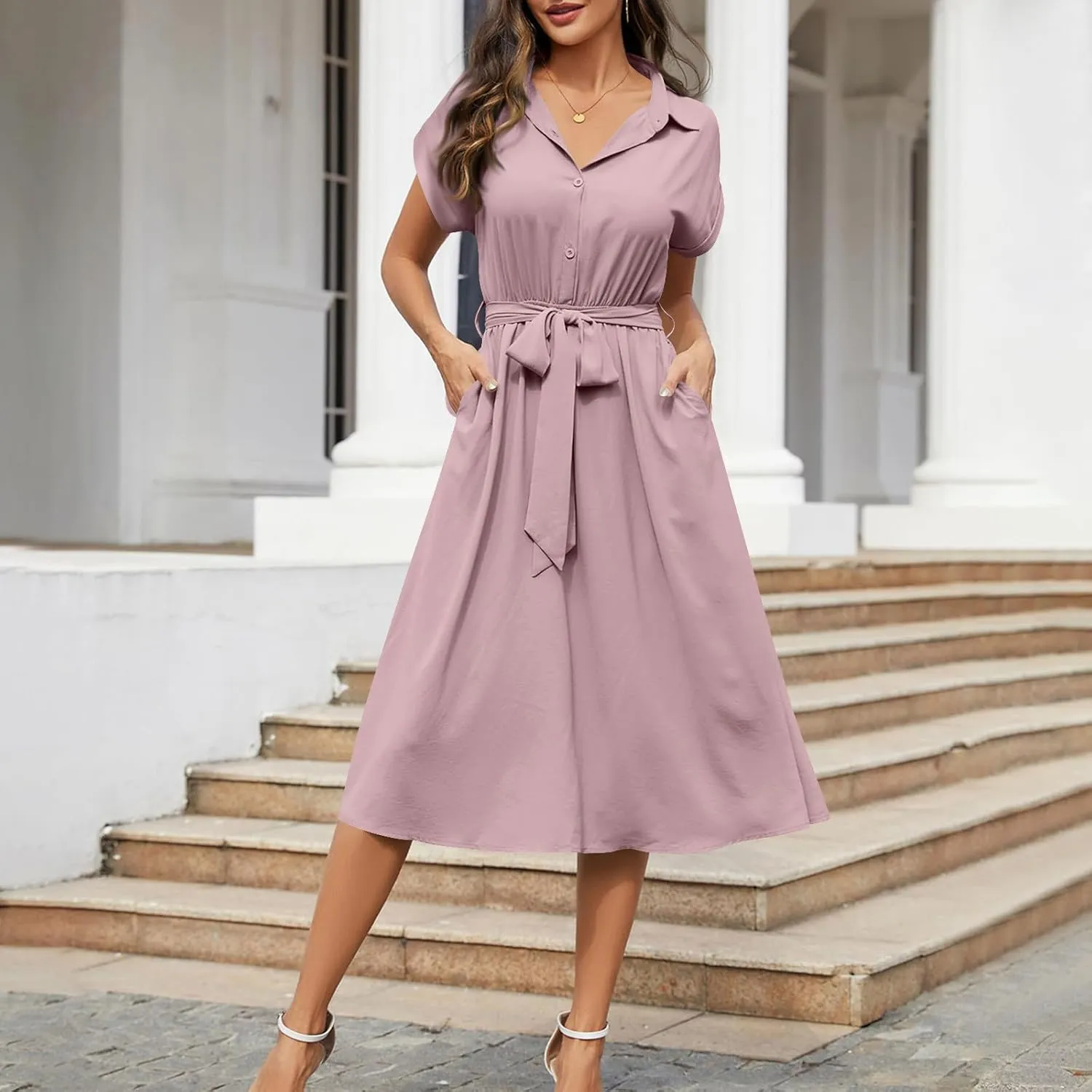 JOAU Womens Summer Beach 2025 Casual Midi Dresses V Neck Collared Short Sleeve Button Down Shirt Belted Dress with Pockets