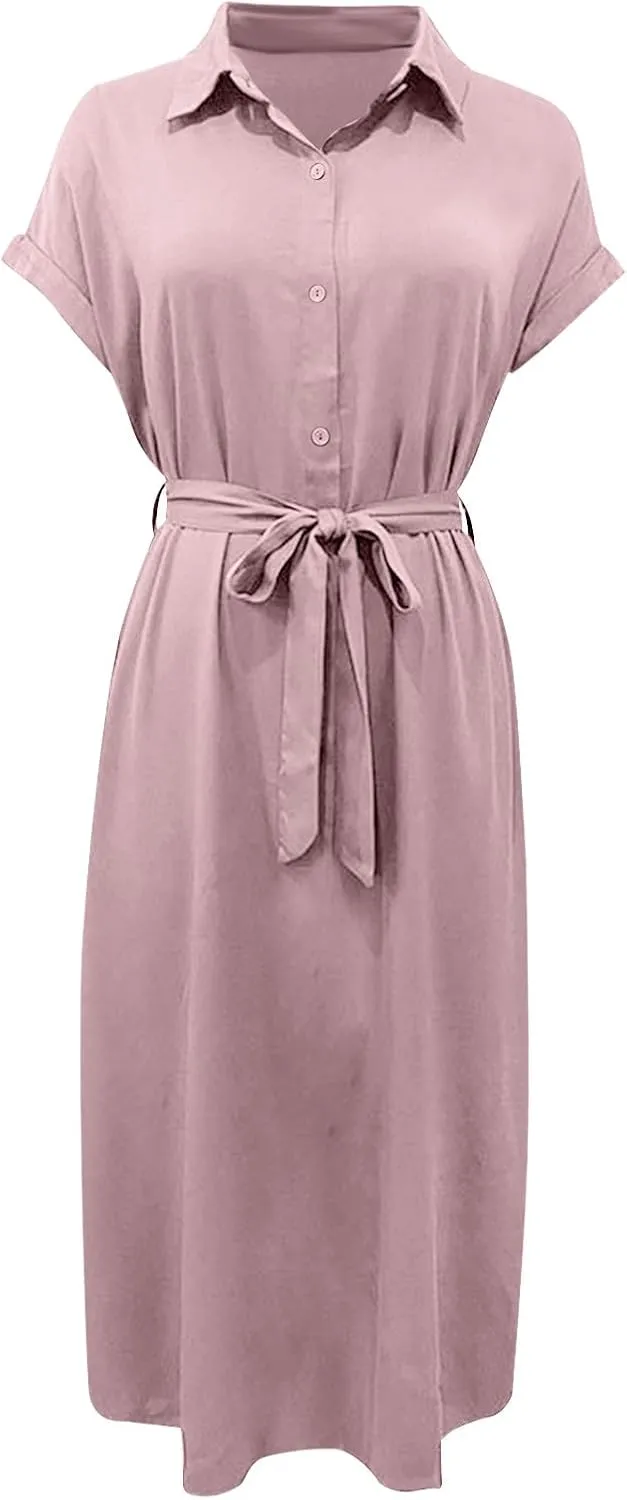 JOAU Womens Summer Beach 2025 Casual Midi Dresses V Neck Collared Short Sleeve Button Down Shirt Belted Dress with Pockets