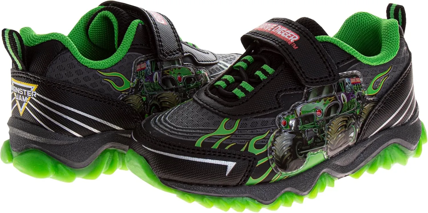 Josmo Kids Monster Jam Grave Digger LED Light Up Shoes Megalodon Monster Truck Shoes for Boys El Toro Loco (Sizes: 6-10 Toddler / 11-12 Little Kid)