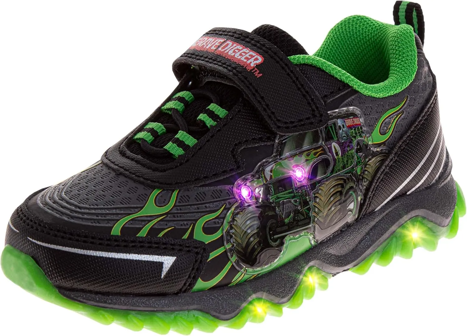 Josmo Kids Monster Jam Grave Digger LED Light Up Shoes Megalodon Monster Truck Shoes for Boys El Toro Loco (Sizes: 6-10 Toddler / 11-12 Little Kid)
