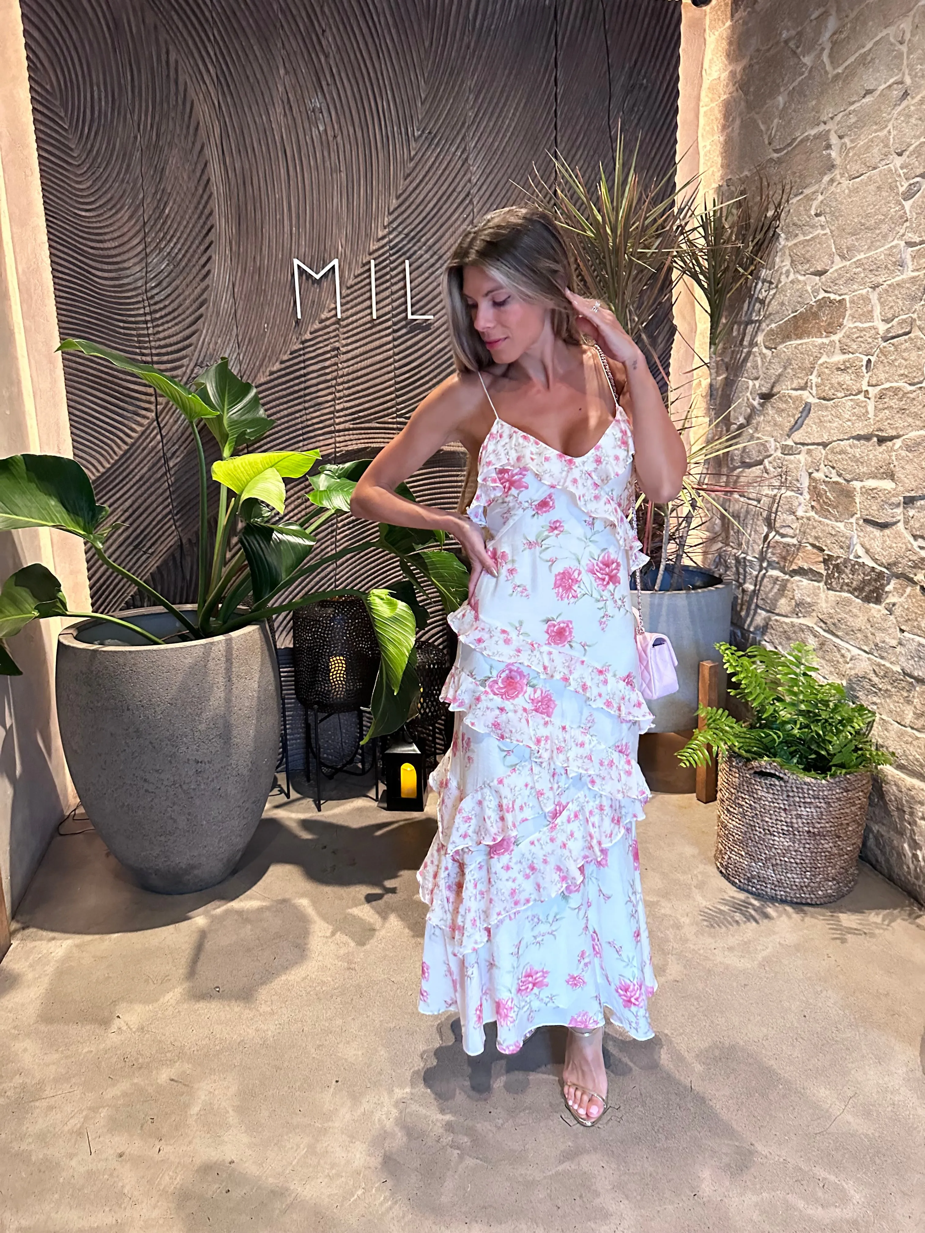 Julia - Ruffle Floral Rose Maxi Dress