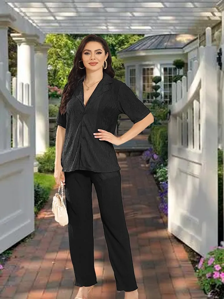 KEYUFANG 2 Piece Outfits for Women 90s Casual Boho Trendy Muse Shirt Wide Leg Pants Solid Daily Pleated Suit