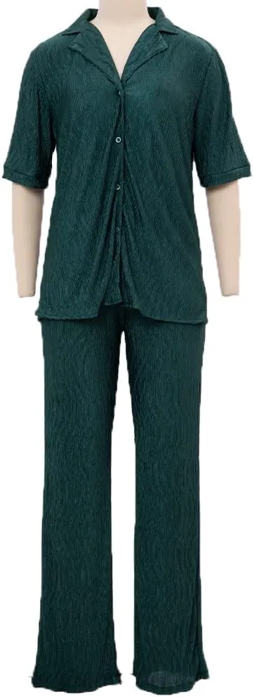 KEYUFANG 2 Piece Outfits for Women 90s Casual Boho Trendy Muse Shirt Wide Leg Pants Solid Daily Pleated Suit