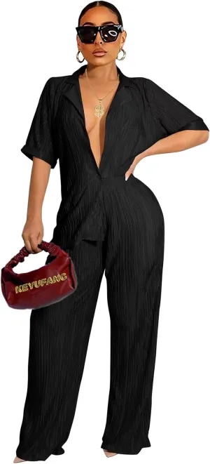 KEYUFANG 2 Piece Outfits for Women 90s Casual Boho Trendy Muse Shirt Wide Leg Pants Solid Daily Pleated Suit