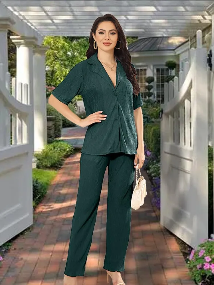 KEYUFANG 2 Piece Outfits for Women 90s Casual Boho Trendy Muse Shirt Wide Leg Pants Solid Daily Pleated Suit