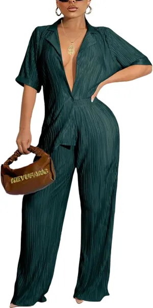 KEYUFANG 2 Piece Outfits for Women 90s Casual Boho Trendy Muse Shirt Wide Leg Pants Solid Daily Pleated Suit