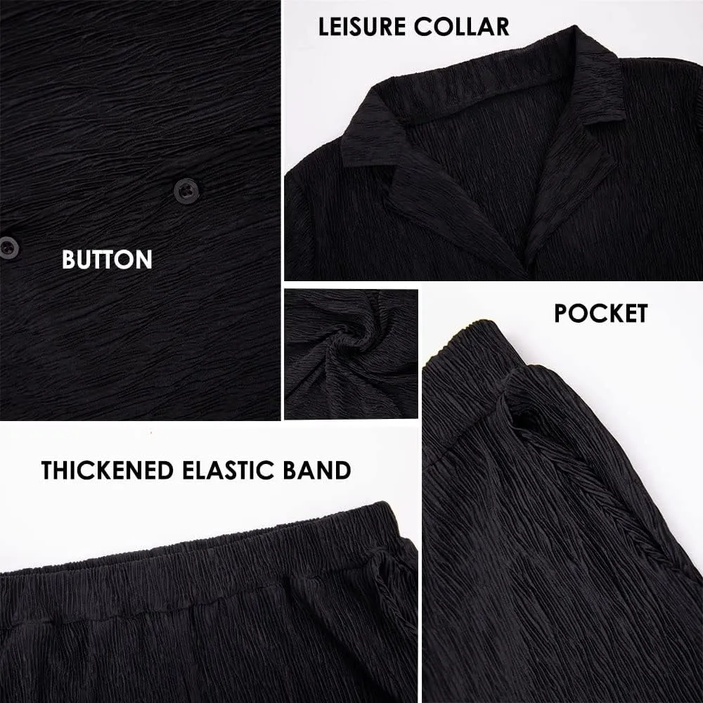 KEYUFANG 2 Piece Outfits for Women 90s Casual Boho Trendy Muse Shirt Wide Leg Pants Solid Daily Pleated Suit
