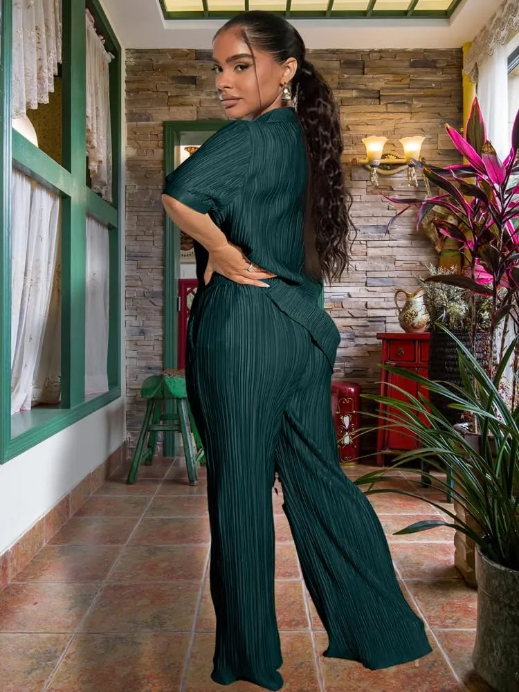 KEYUFANG 2 Piece Outfits for Women 90s Casual Boho Trendy Muse Shirt Wide Leg Pants Solid Daily Pleated Suit