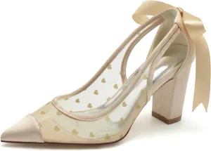 Lace Bride Shoes Pointed Toe Wedding High Heels Shoes Womens Lace Sexy Dress Chunky Heels for/Engagement/Evening/Prom 8.5Cm
