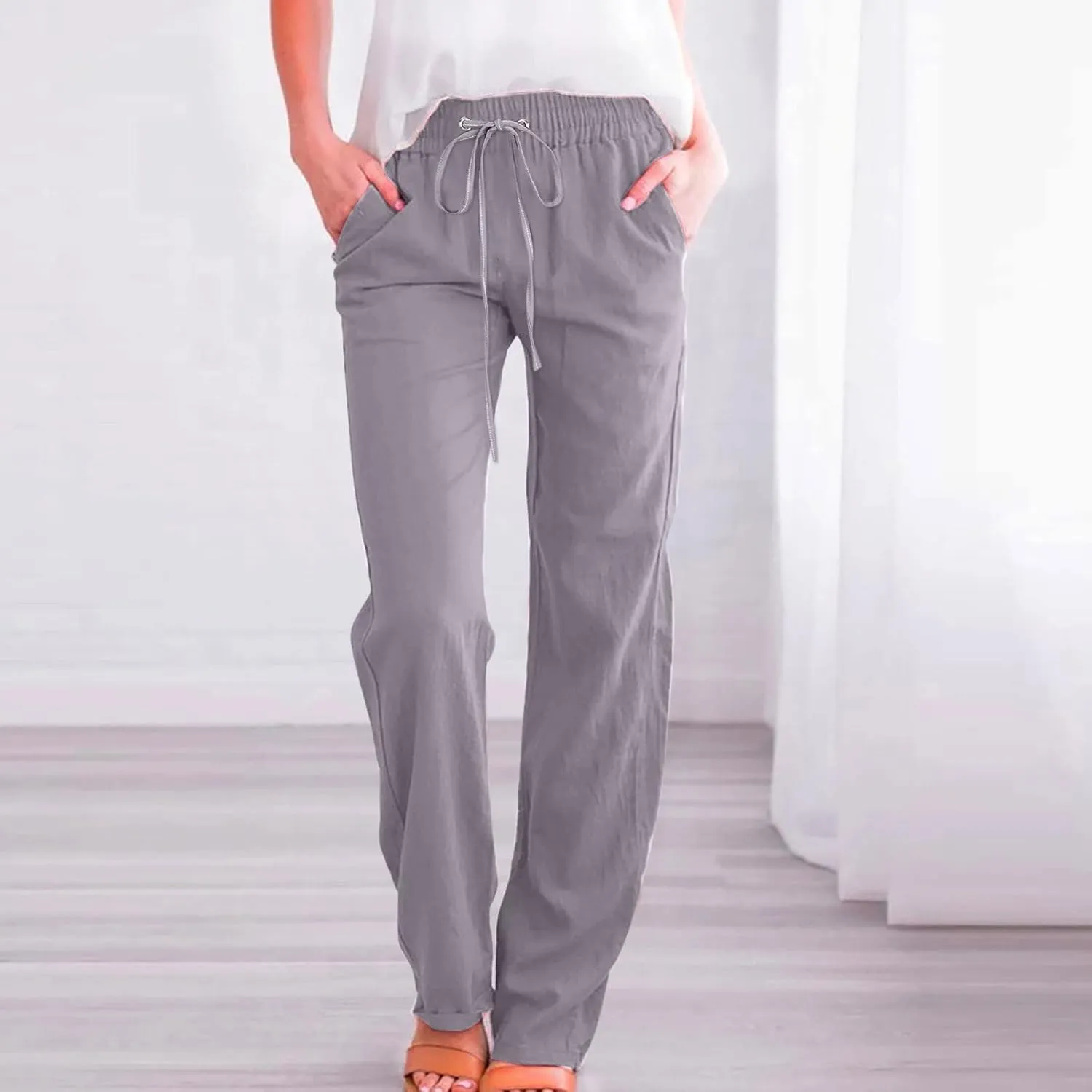 LCMTWX Womens Casual Pants Wide Leg Pants Casual Drawstring Elastic Trousers Comfy Straight Leg Long Pants Sweatpants for