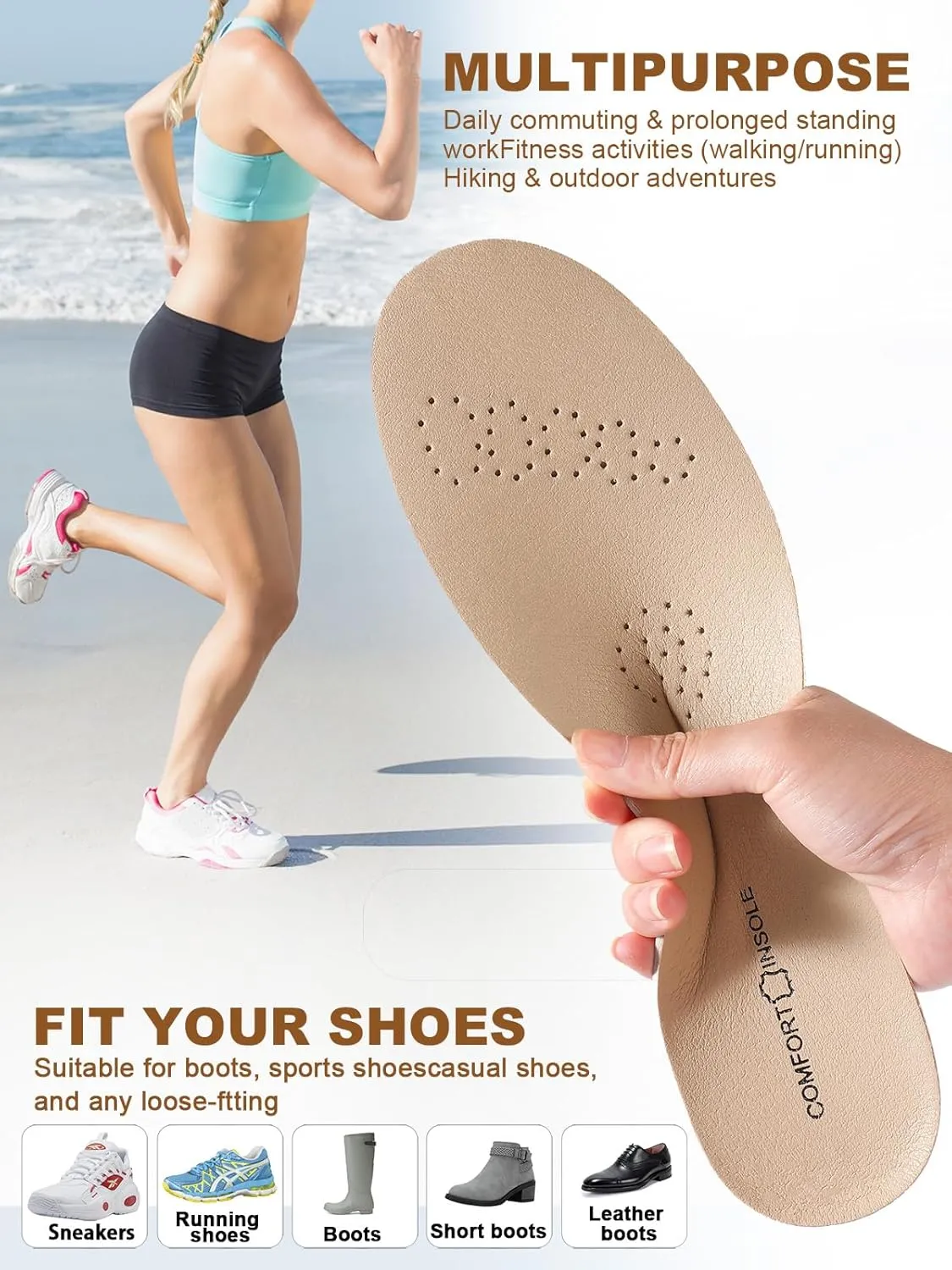 Leather Sockless Shoe Insoles for Women, Thin Dress Work Boots Inserts - Shock Absorption, Anti Sweat & Anti-Odor, for Athletic Shoes, Leather Shoes & Business Shoes (Peach-Beige, L (Men 9-9.5)