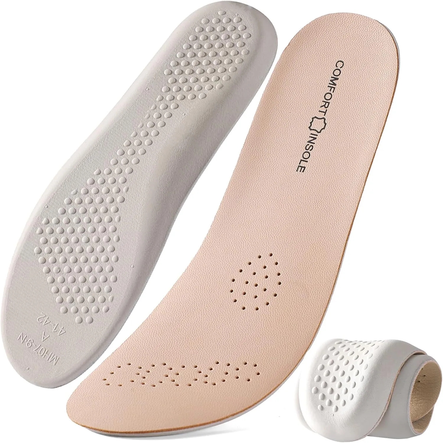 Leather Sockless Shoe Insoles for Women, Thin Dress Work Boots Inserts - Shock Absorption, Anti Sweat & Anti-Odor, for Athletic Shoes, Leather Shoes & Business Shoes (Peach-Beige, L (Men 9-9.5)
