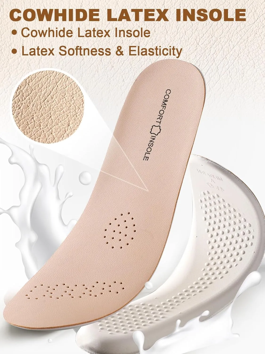 Leather Sockless Shoe Insoles for Women, Thin Dress Work Boots Inserts - Shock Absorption, Anti Sweat & Anti-Odor, for Athletic Shoes, Leather Shoes & Business Shoes (Peach-Beige, L (Men 9-9.5)