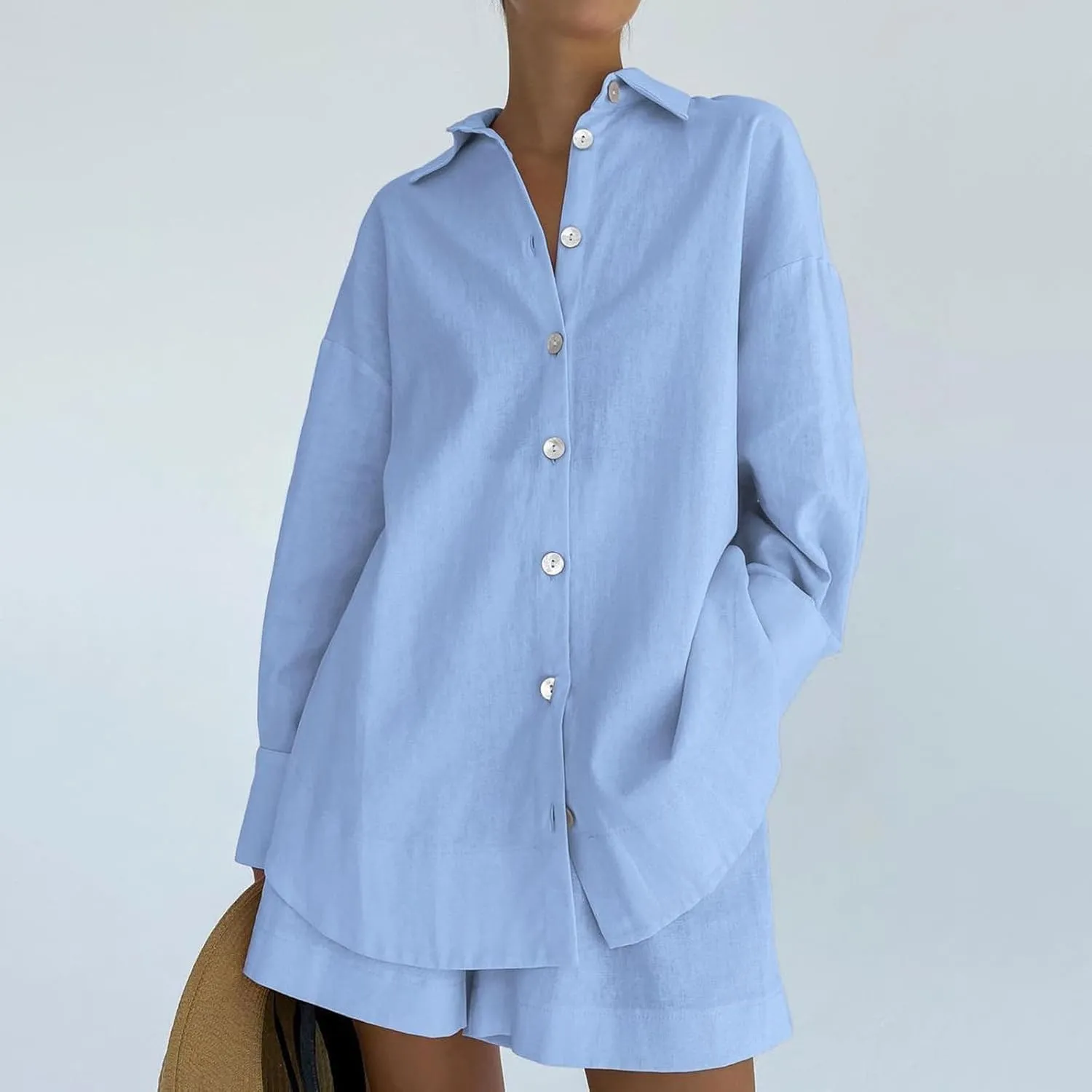 Linen 2 Piece Set for Women Two Piece Tracksuit Button down 3/4 Sleeve Shirt and Shorts Set Track Suits Sweat Suit