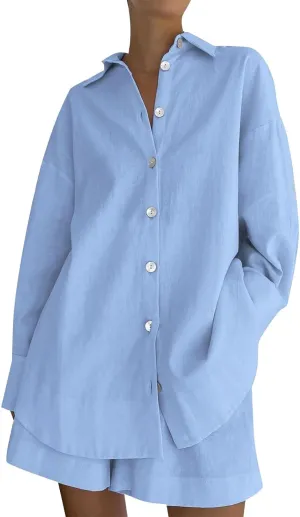 Linen 2 Piece Set for Women Two Piece Tracksuit Button down 3/4 Sleeve Shirt and Shorts Set Track Suits Sweat Suit
