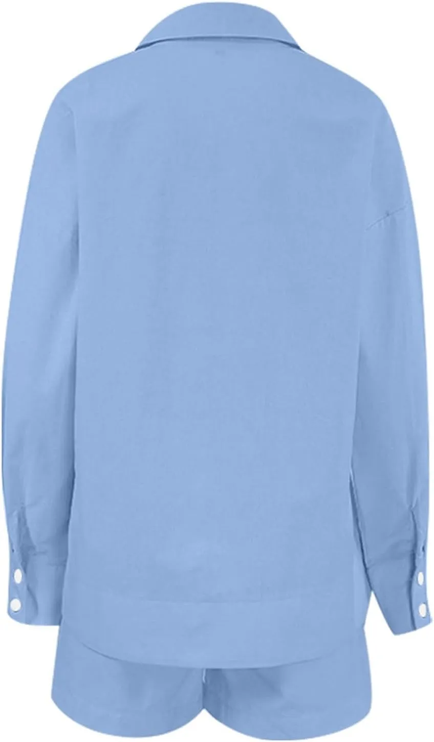 Linen 2 Piece Set for Women Two Piece Tracksuit Button down 3/4 Sleeve Shirt and Shorts Set Track Suits Sweat Suit