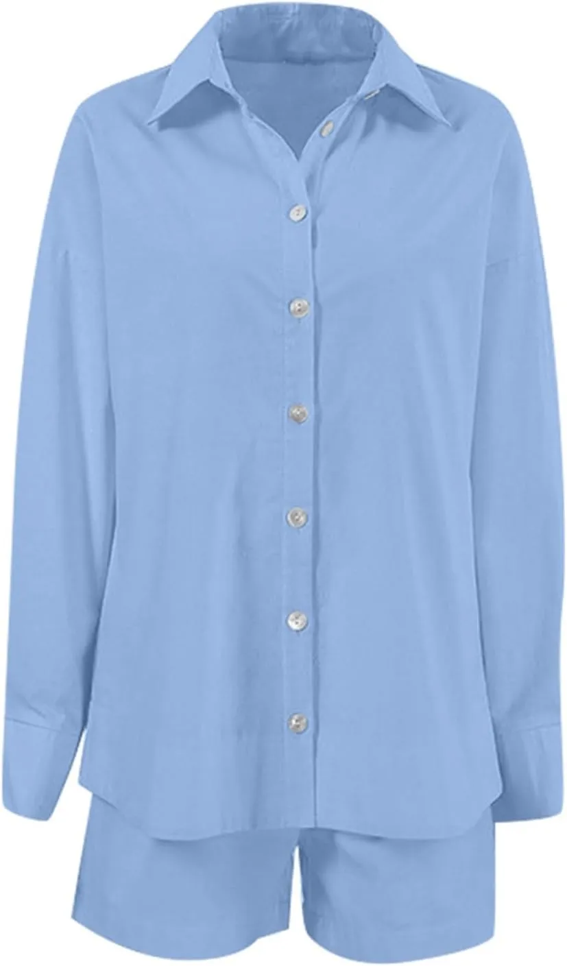 Linen 2 Piece Set for Women Two Piece Tracksuit Button down 3/4 Sleeve Shirt and Shorts Set Track Suits Sweat Suit