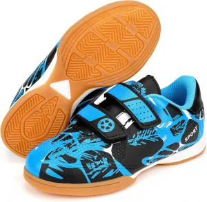 Linkidea Kids Laceless Indoor Soccer Shoes, Rubber Outsole Anti-Slip Sneaker, Futsal Training Cleats for Boys and Girls (Blue)