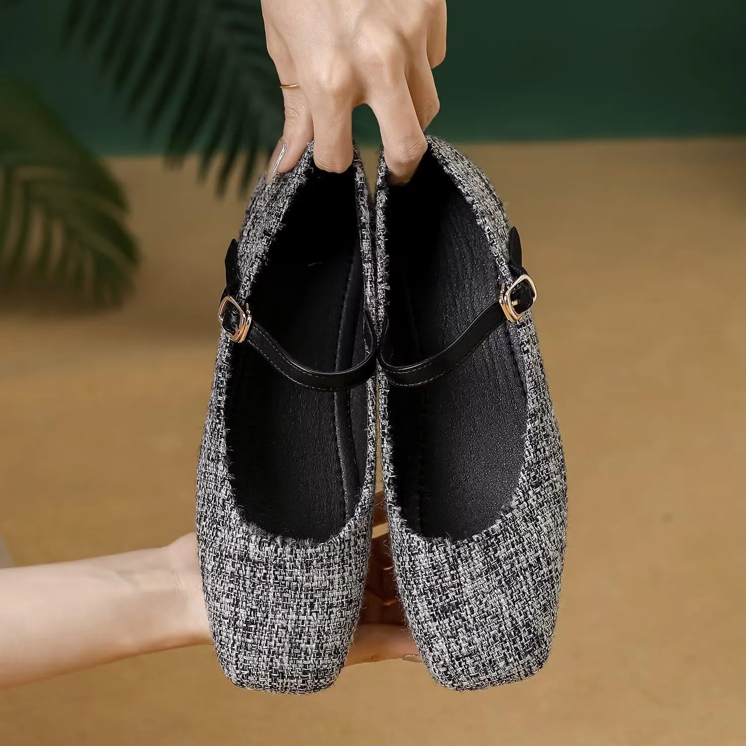 LUXINYU Flats for Women Dressy Square Toe Ankle Strap Mary Jane Shoes Casual Slip On Flats Comfortable Ballet Flats