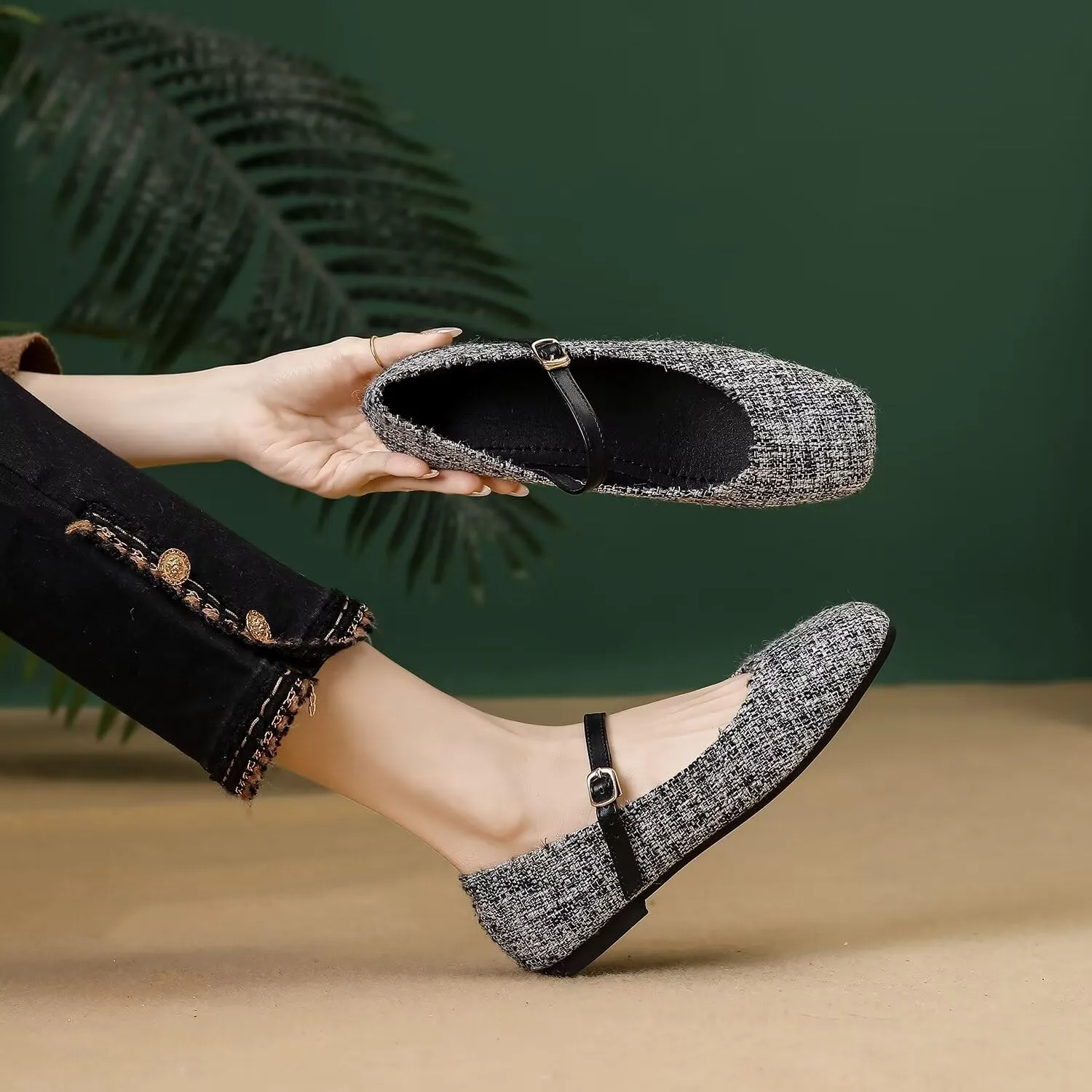 LUXINYU Flats for Women Dressy Square Toe Ankle Strap Mary Jane Shoes Casual Slip On Flats Comfortable Ballet Flats