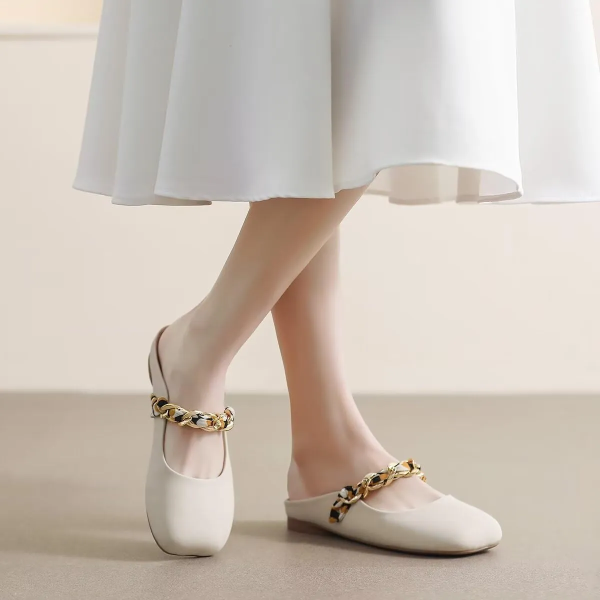 LUXINYU Women Comfortable Low Heel Mules Pearl Rhinestone Chain Strap Flats Microfiber Leather Slip On Backless Sandals Girls Lady Work Slides Loafer Shoes