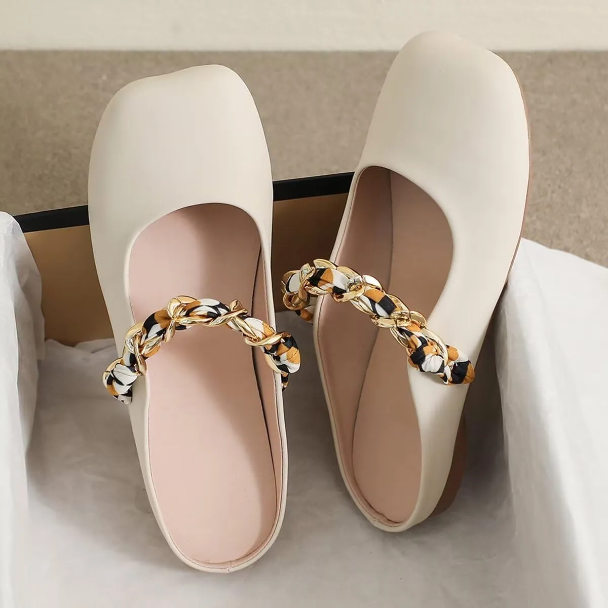 LUXINYU Women Comfortable Low Heel Mules Pearl Rhinestone Chain Strap Flats Microfiber Leather Slip On Backless Sandals Girls Lady Work Slides Loafer Shoes