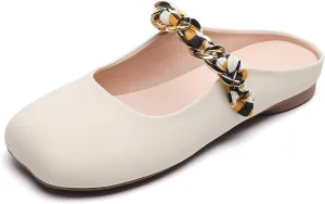 LUXINYU Women Comfortable Low Heel Mules Pearl Rhinestone Chain Strap Flats Microfiber Leather Slip On Backless Sandals Girls Lady Work Slides Loafer Shoes
