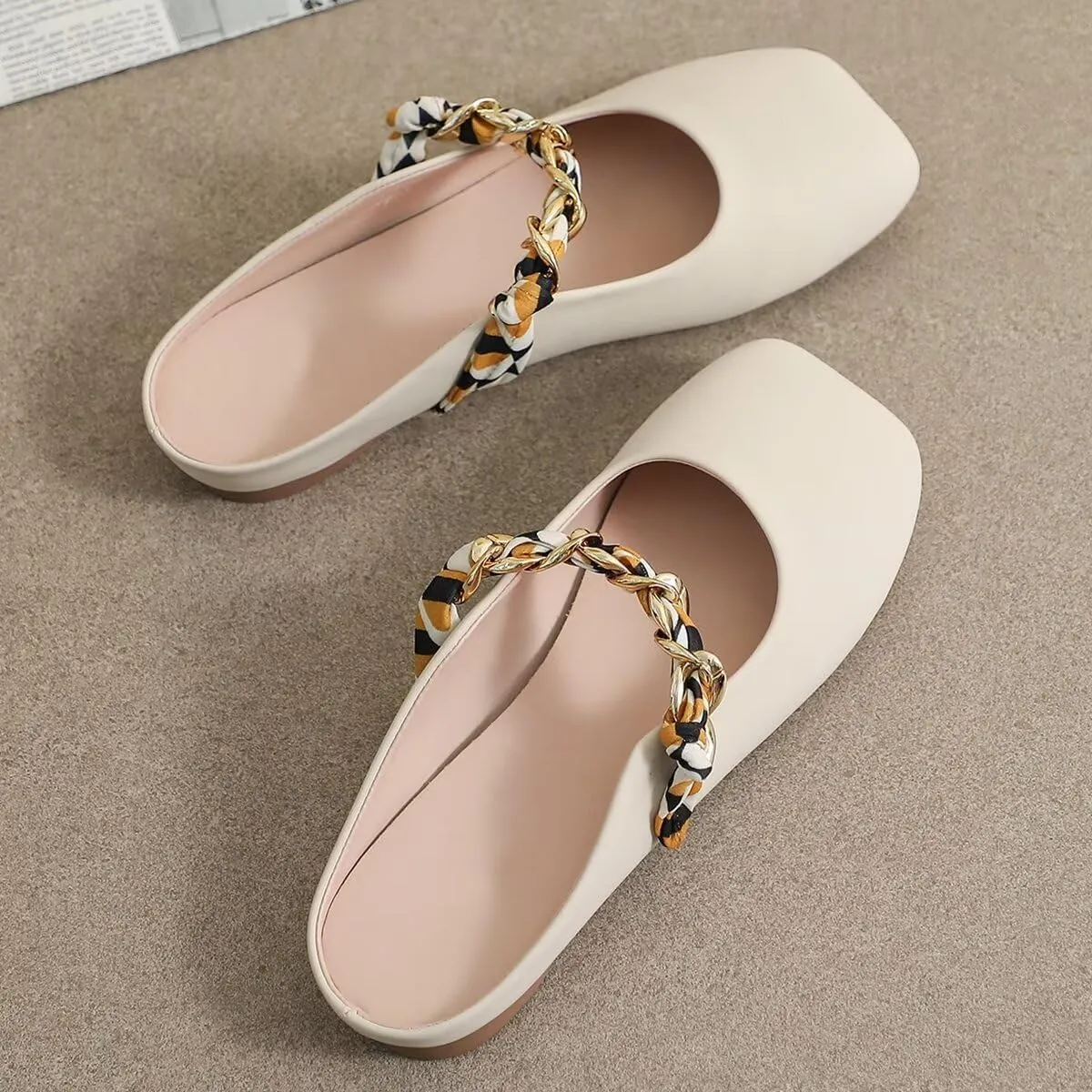 LUXINYU Women Comfortable Low Heel Mules Pearl Rhinestone Chain Strap Flats Microfiber Leather Slip On Backless Sandals Girls Lady Work Slides Loafer Shoes