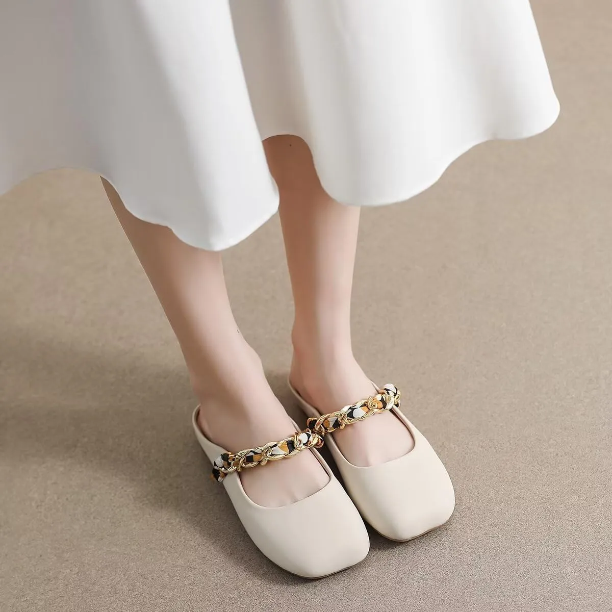 LUXINYU Women Comfortable Low Heel Mules Pearl Rhinestone Chain Strap Flats Microfiber Leather Slip On Backless Sandals Girls Lady Work Slides Loafer Shoes