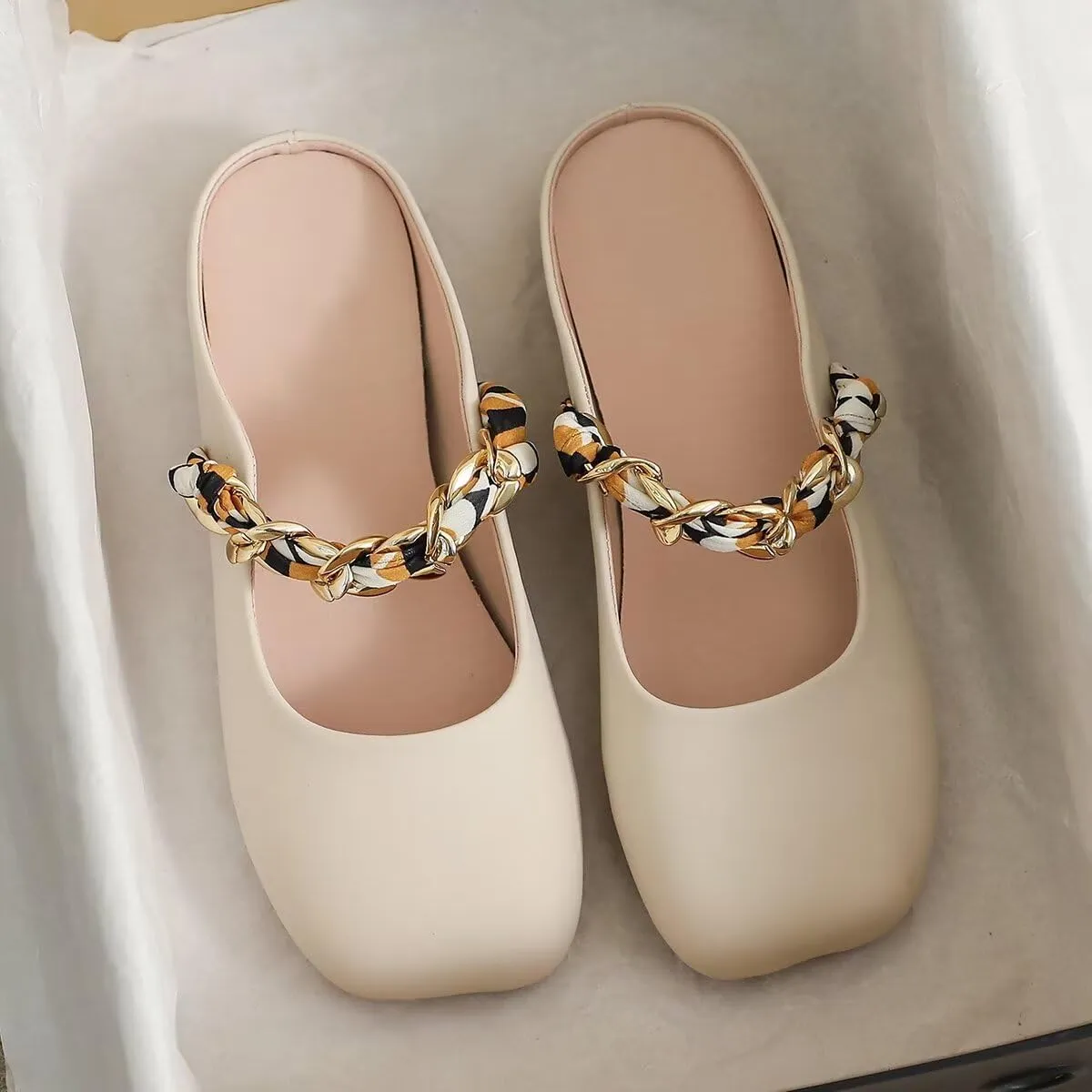 LUXINYU Women Comfortable Low Heel Mules Pearl Rhinestone Chain Strap Flats Microfiber Leather Slip On Backless Sandals Girls Lady Work Slides Loafer Shoes