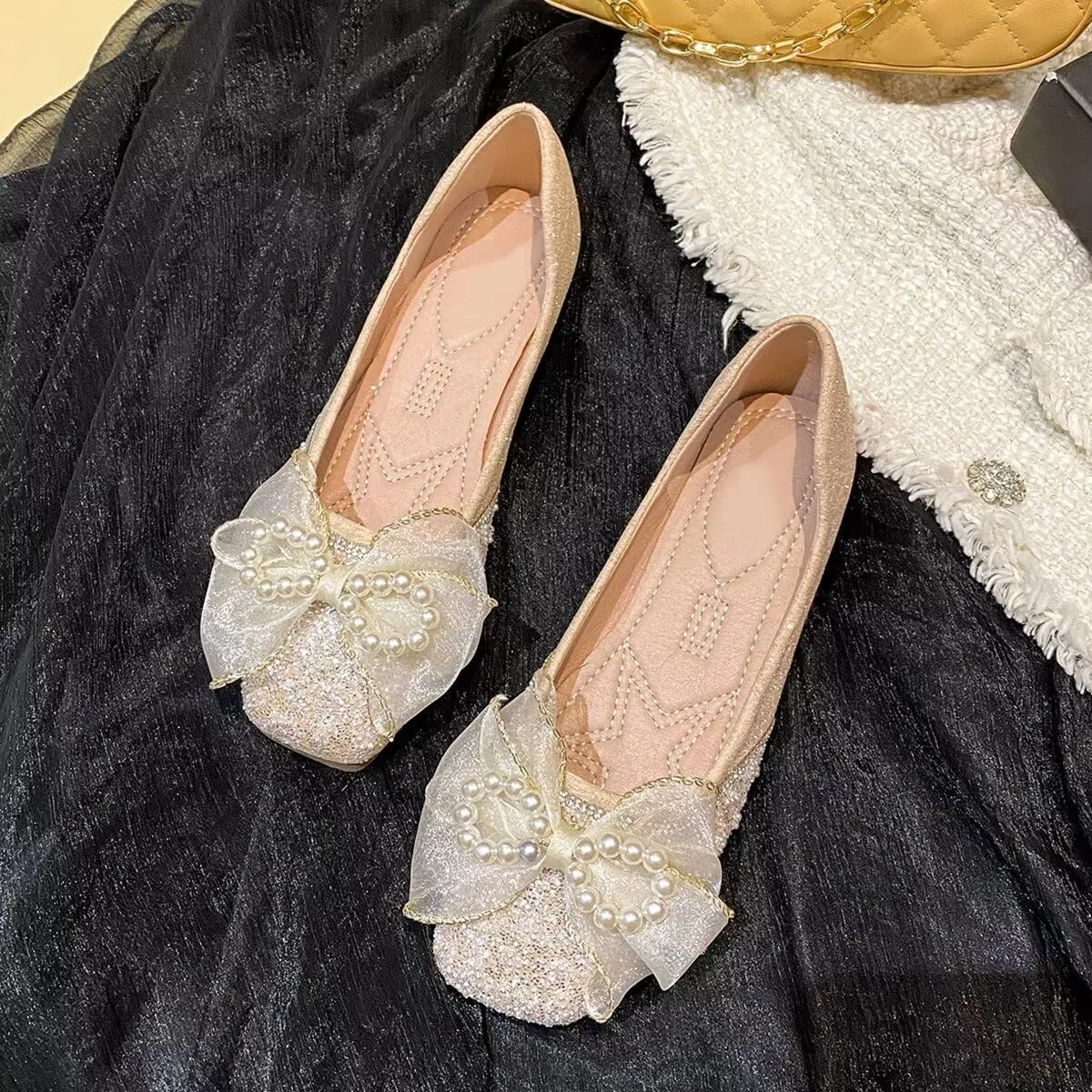 LUXINYU Women Soft Satin Upper with Sparkling Rhinestone Pearl Silk Bowknot Slip on Ballet Flats Low Heel Casual Shoes Office Party Wedding Shoes