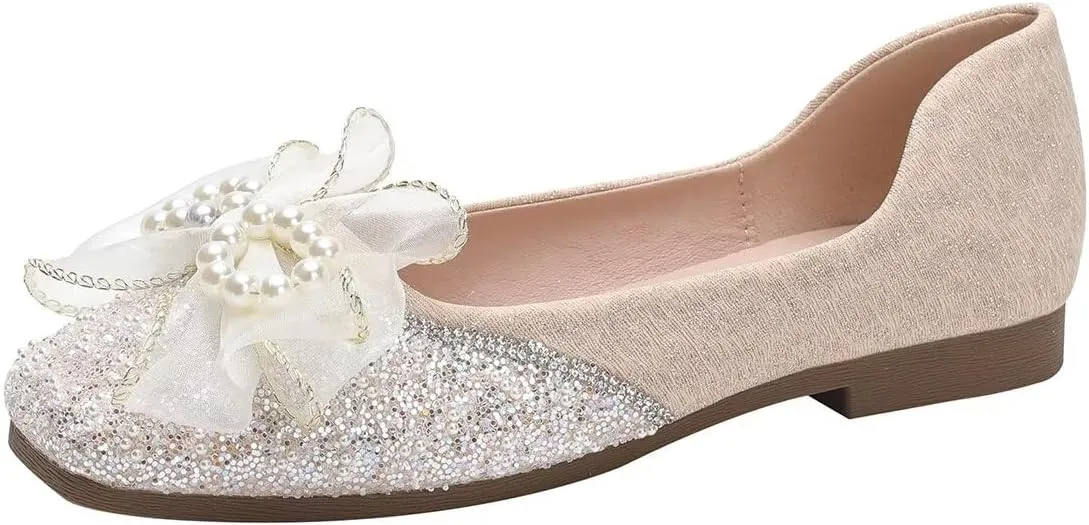 LUXINYU Women Soft Satin Upper with Sparkling Rhinestone Pearl Silk Bowknot Slip on Ballet Flats Low Heel Casual Shoes Office Party Wedding Shoes