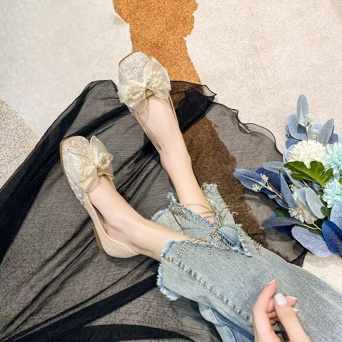 LUXINYU Women Soft Satin Upper with Sparkling Rhinestone Pearl Silk Bowknot Slip on Ballet Flats Low Heel Casual Shoes Office Party Wedding Shoes