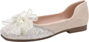 LUXINYU Women Soft Satin Upper with Sparkling Rhinestone Pearl Silk Bowknot Slip on Ballet Flats Low Heel Casual Shoes Office Party Wedding Shoes