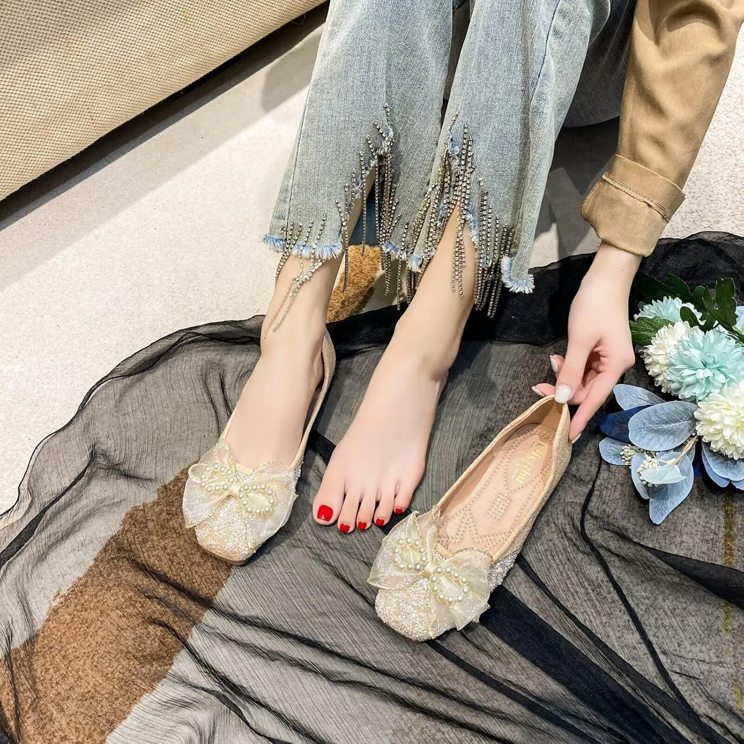 LUXINYU Women Soft Satin Upper with Sparkling Rhinestone Pearl Silk Bowknot Slip on Ballet Flats Low Heel Casual Shoes Office Party Wedding Shoes