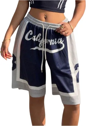 MakeMeChic Women's Y2K Letter Print Drawstring Waist Shorts Color Block Wide Leg Summer Shorts