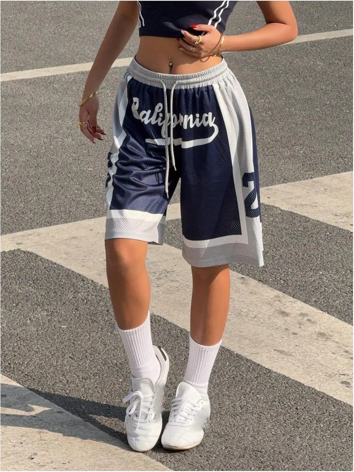 MakeMeChic Women's Y2K Letter Print Drawstring Waist Shorts Color Block Wide Leg Summer Shorts